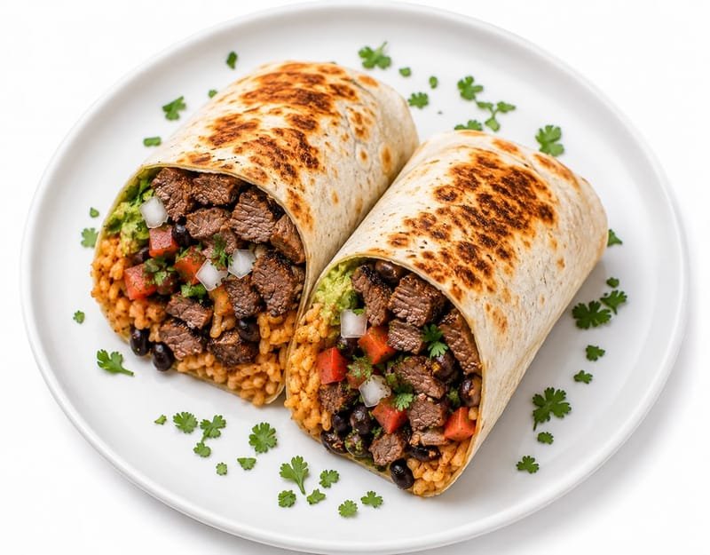 Asada burritos cut open, rice, beans and pico inside