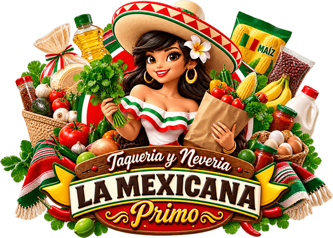 The La Mexicana Primo crest surrounded by groceries — a woman holding cilantro and a full paper bag, with produce, salsas, beans, rice and pantry staples around her
