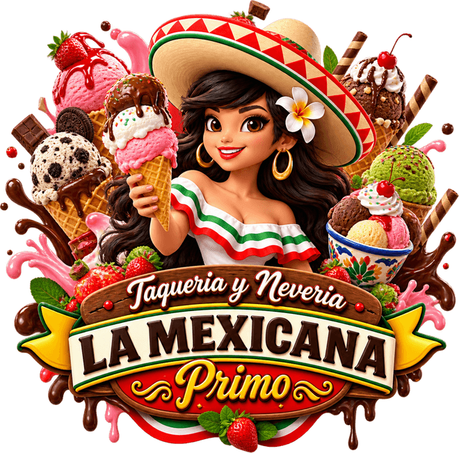 The La Mexicana Primo crest built out of ice cream — a woman in a sombrero holding a cone, surrounded by scoops, waffle cones, strawberries and chocolate
