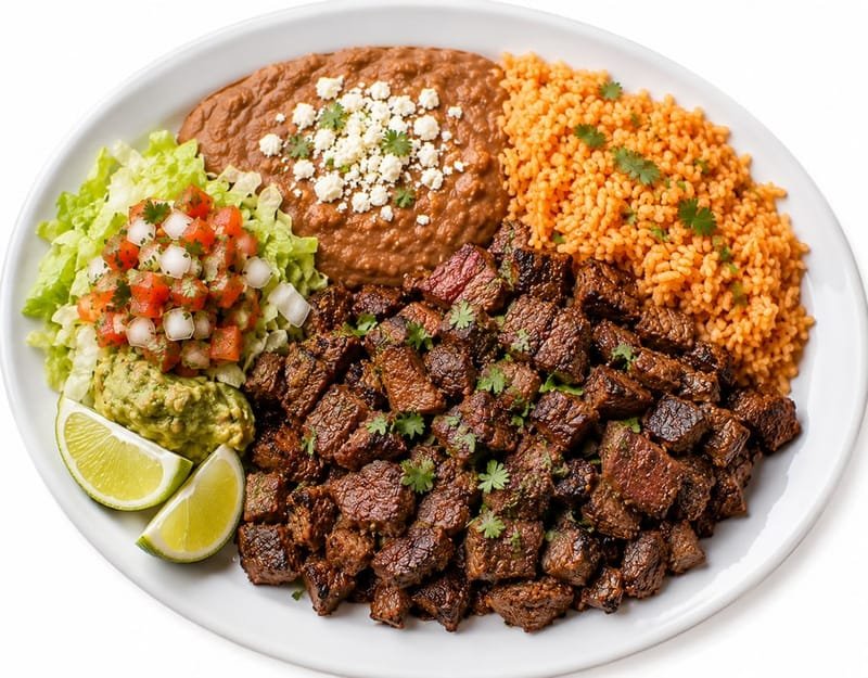 Carne asada plate with rice, beans, guacamole and lime
