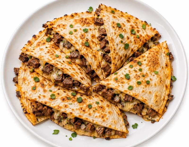 Asada quesadilla cut into wedges