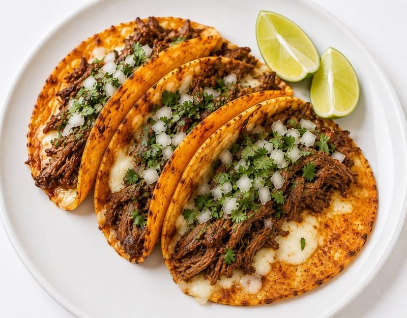 Quesabirria tacos with melted cheese and lime