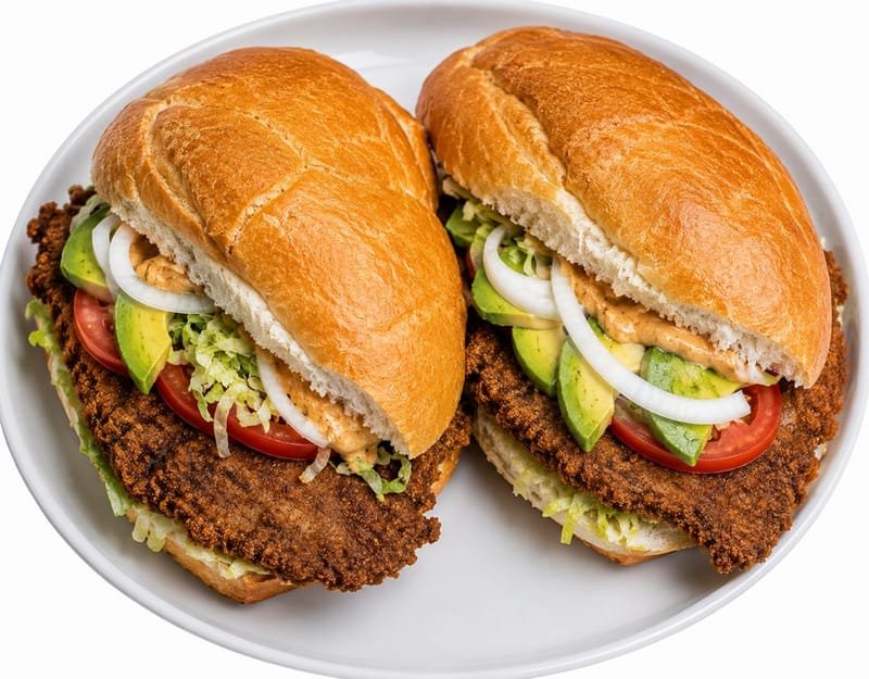 Milanesa tortas with avocado, tomato and onion